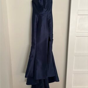 Sherri Hill Navy Blue Strapless Satin Prom Dress